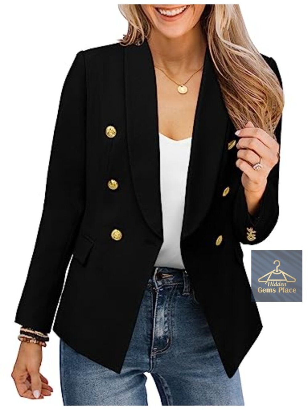 Women's Casual Blazer Jacket Gold Button Long Sleeve Work Office Suit Jacket